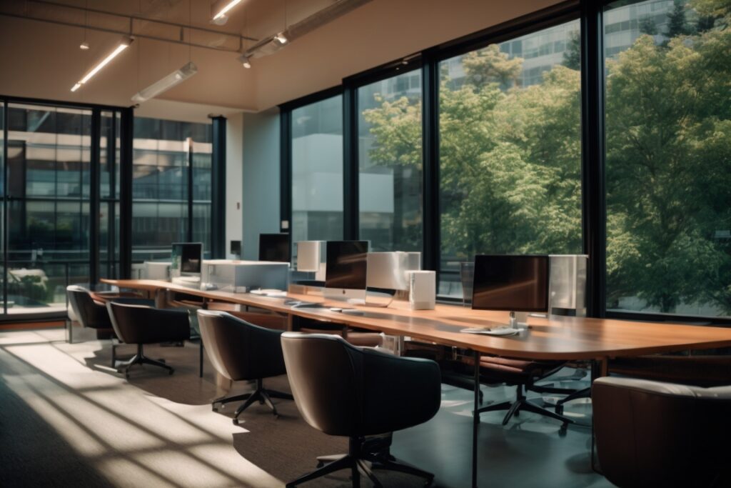 Seattle tech startup office with commercial window film reducing glare and enhancing privacy