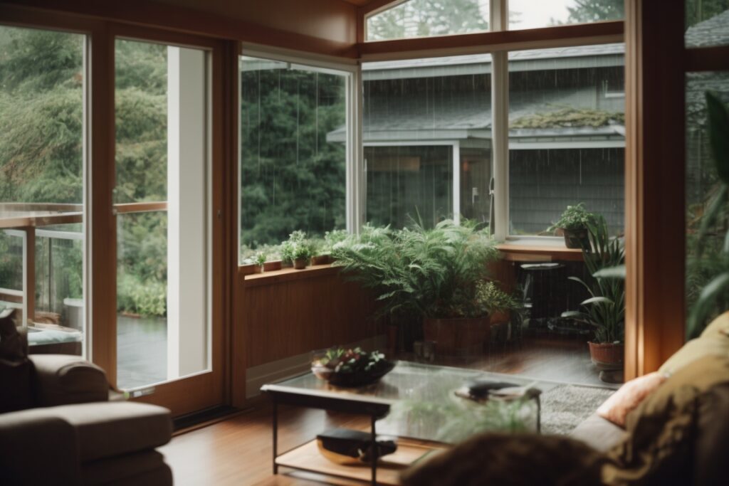 Seattle home with window tinting, rain outside, cozy interior view