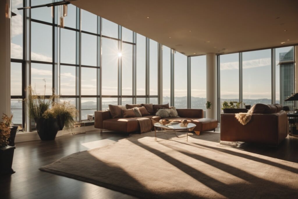 Seattle home interior with visible low-E window film, reflecting sunlight