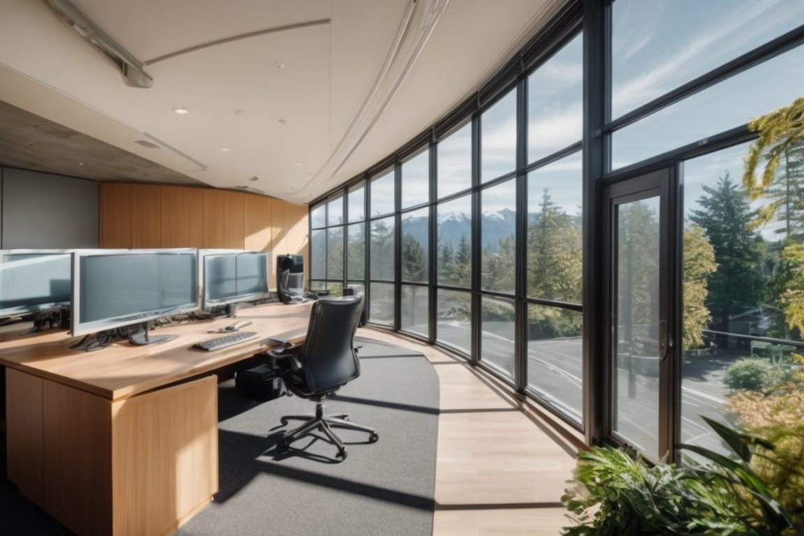Seattle office with climate control window film, sunny day, energy-efficient interiors