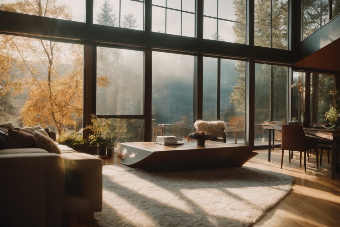 Seattle home with window film, luminous interior, seasonal scenery outside