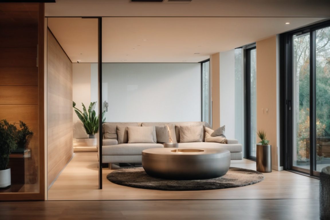 Modern Seattle home interior with frosted decorative window film, showcasing privacy and light control