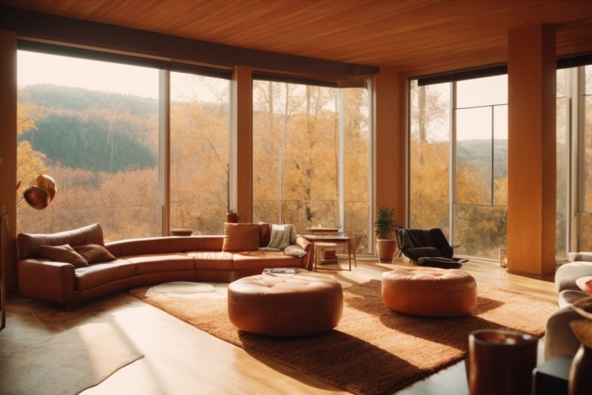 Warm-toned living room with thermal window film on large windows, soft lighting, cozy furniture