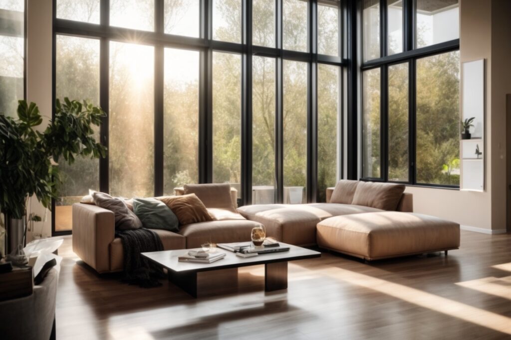 Modern living room with heat reduction window film, sunlight filtered, comfortable ambiance
