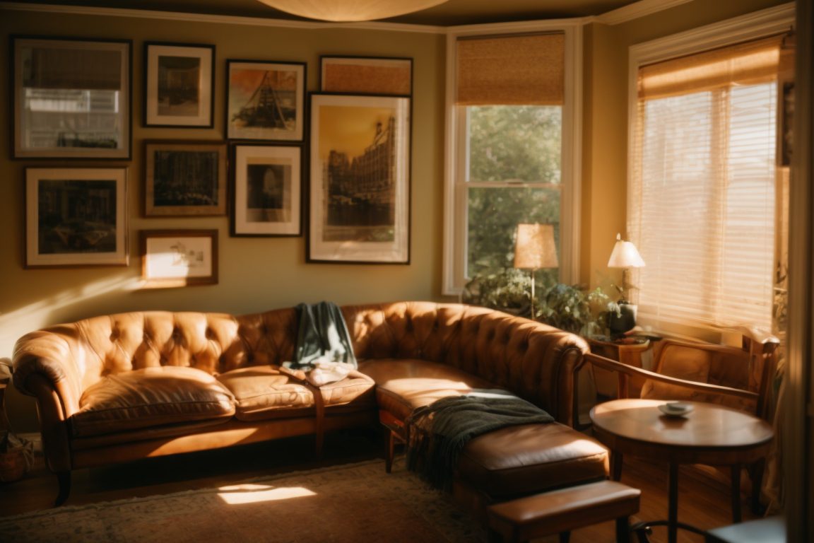 Seattle home interior with faded furniture and sun glare through windows