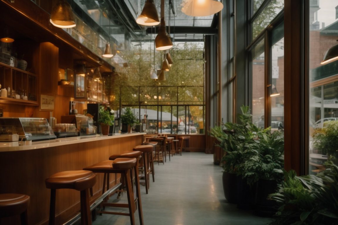 Seattle café interior with decorative opaque window film, artistic vibe, enhanced privacy