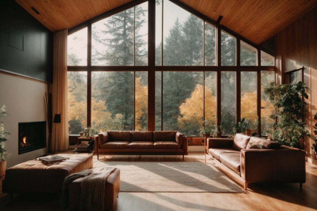 Interior of a cozy Seattle home with sun control window film, glowing with natural light