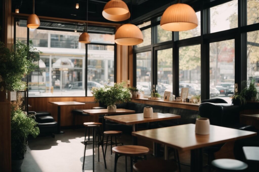 Seattle coffee shop, decorative window tints, modern sleek interior, natural light streaming