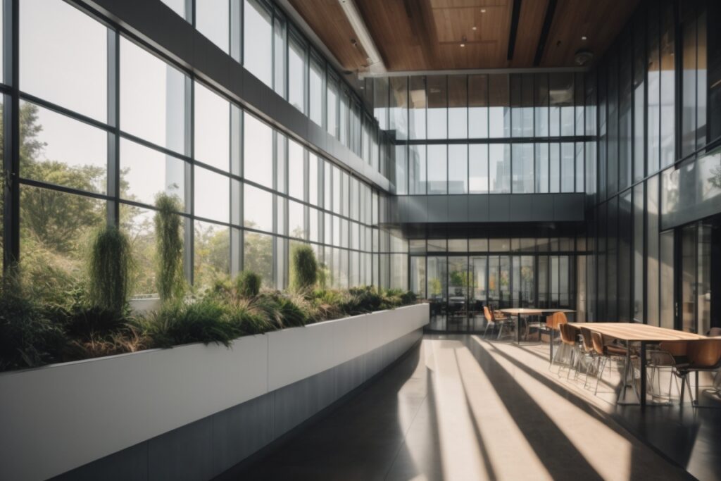 Modern office building with energy saving window film, natural light filtering through