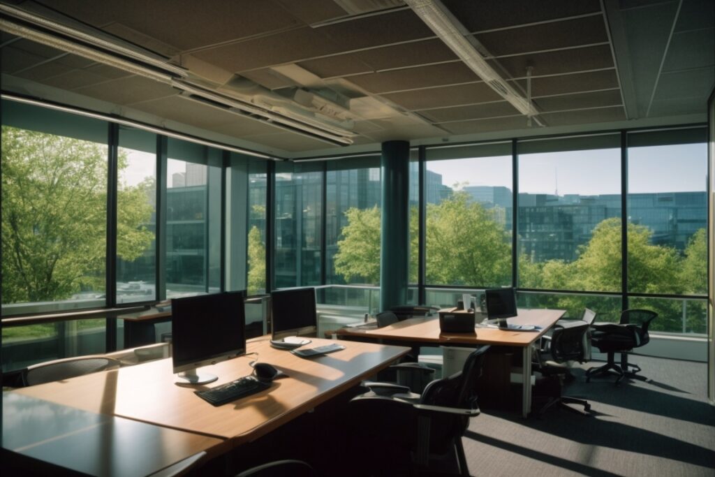 Seattle office interior with glare reduction window film installed
