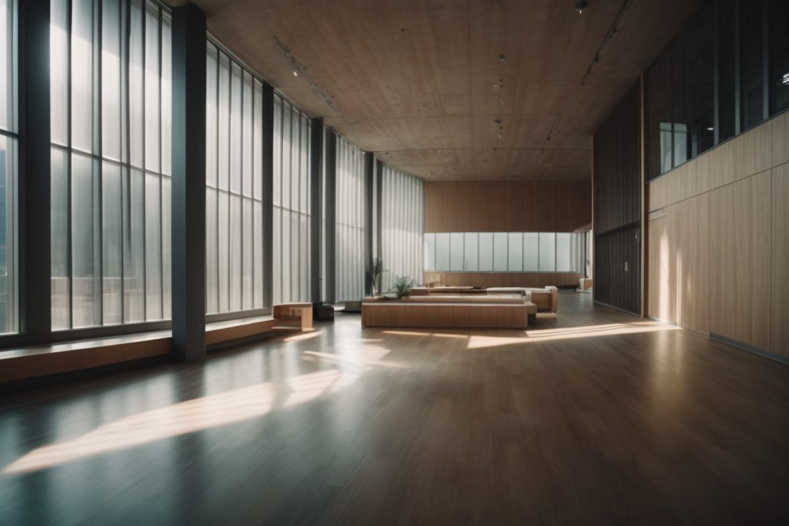 Building interior with spectrally selective window film, UV light rays visible