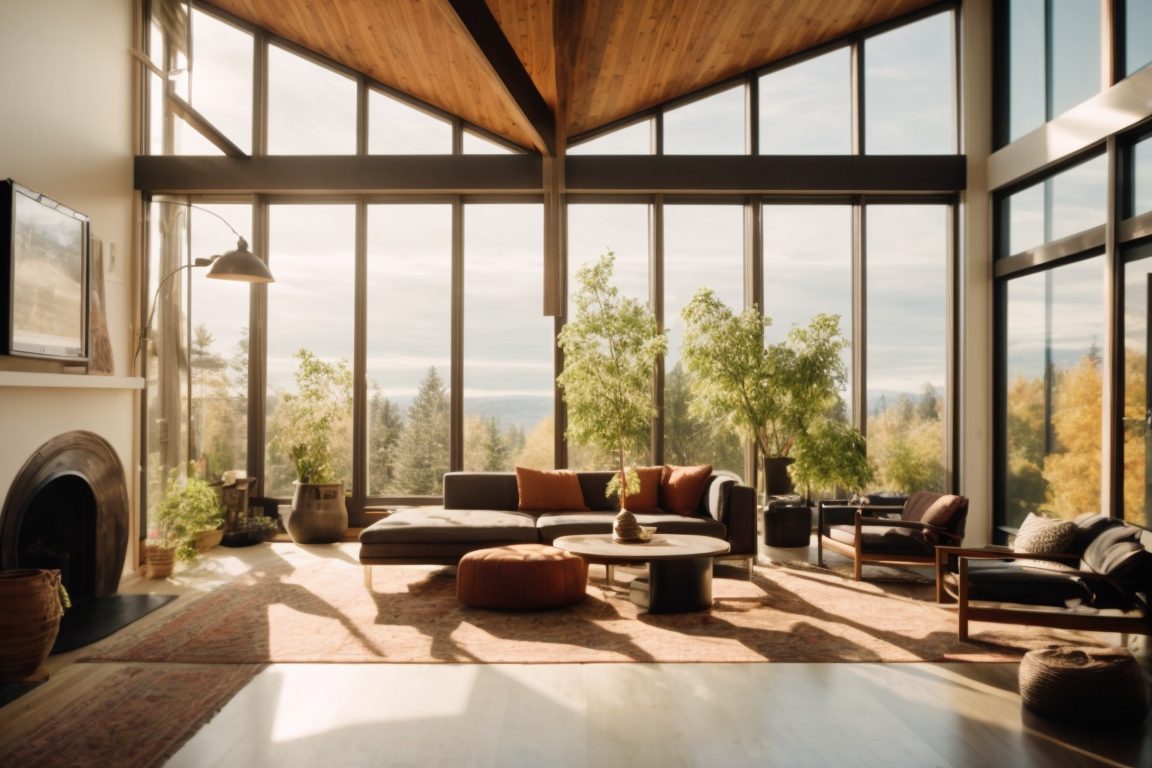 Seattle home interior with large energy-efficient windows, sunlight filtering through