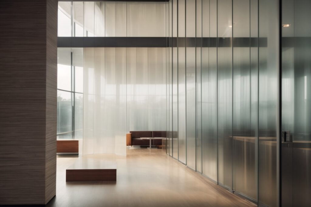 Modern commercial interior with frosted privacy window film, soft natural light filtering in