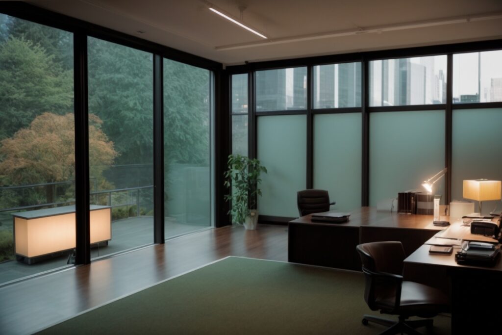 Seattle home office with opaque frosted privacy windows and subtle interior lighting